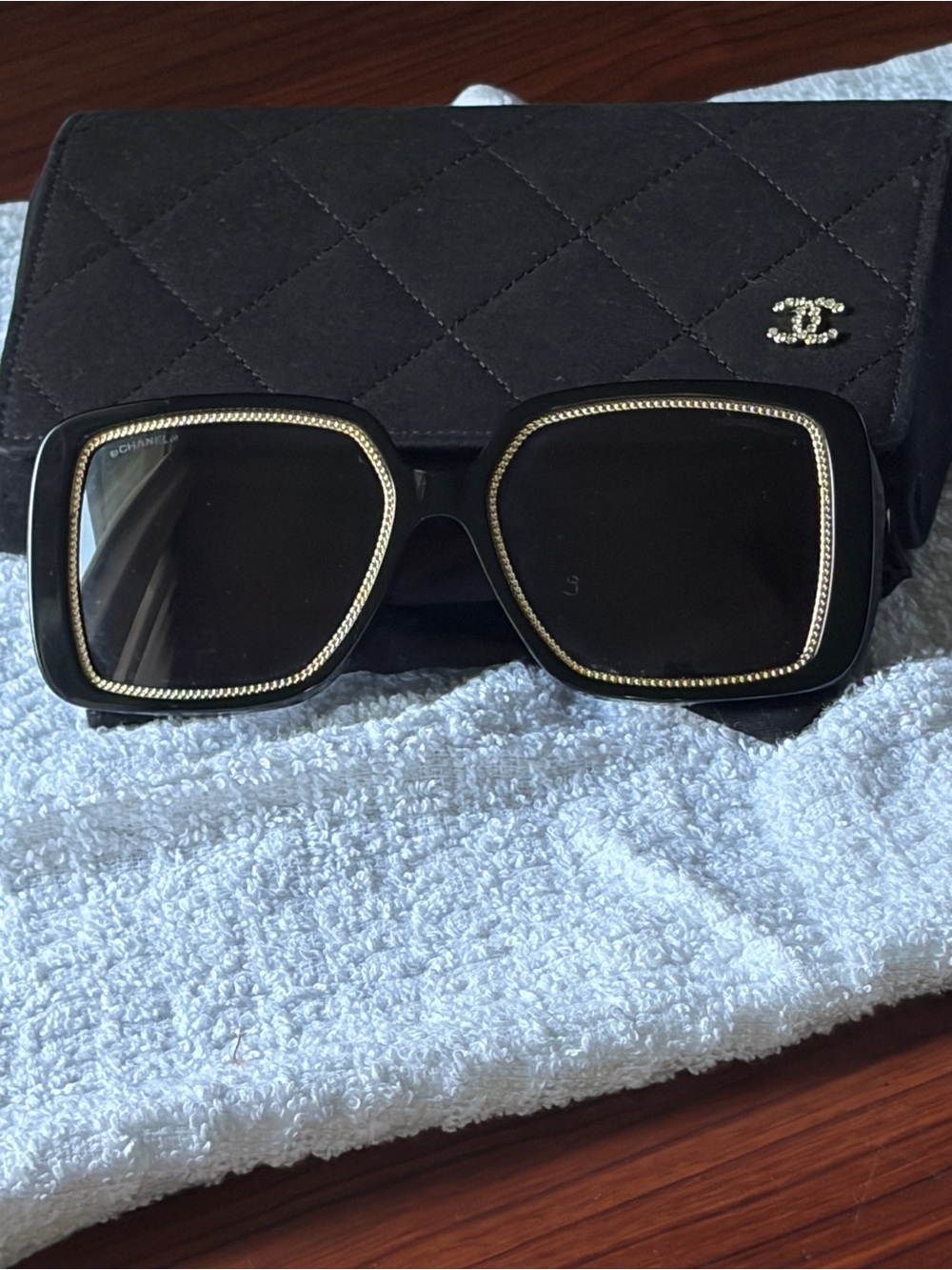 Chanel 71709A Black/Gold Chain Sunglasses with Case & Sleeves